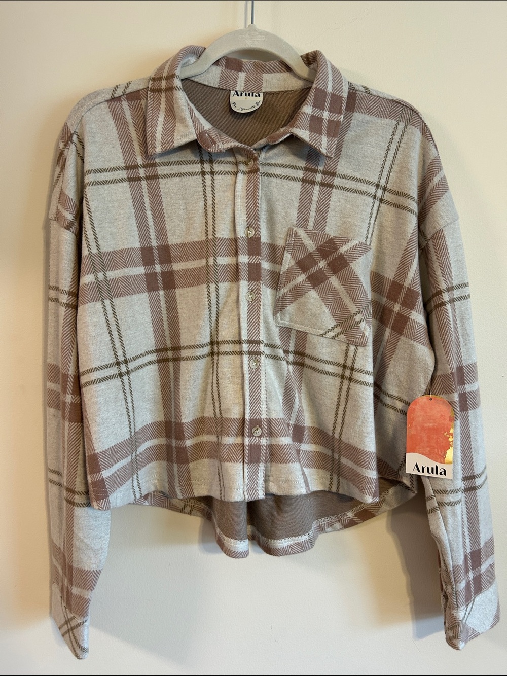 ARULA Cropped Plaid Button-Up in Mauve & Beige-Size X (XL 14/16)